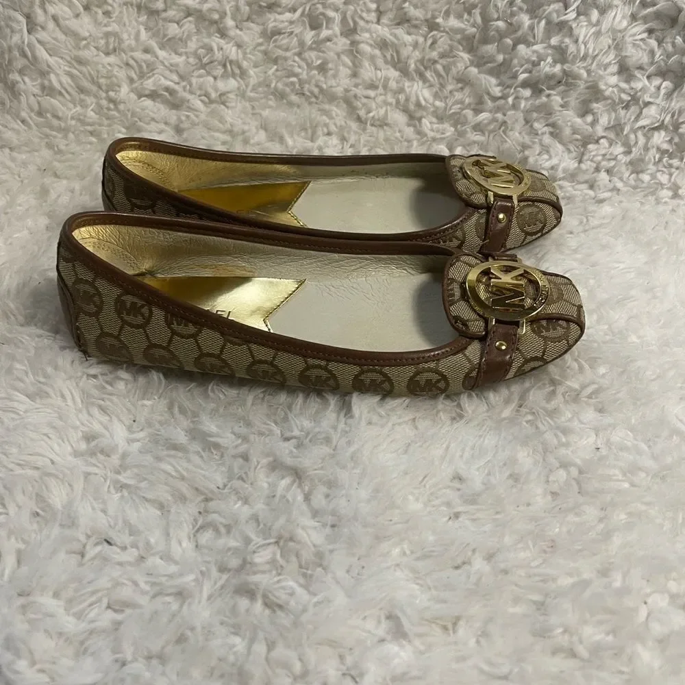Michael Kors Brown and Gold Women's Flats fabric logo with leather trim SZ 7